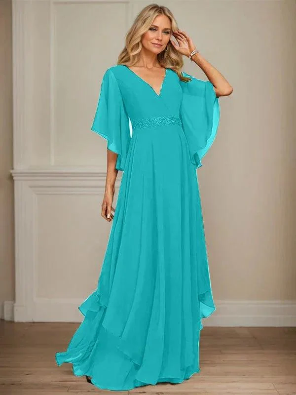 A-line V-Neck Floor-Length Chiffon Mother of the Bride Dress With Sequins Appliques Lace Beading - Image 45