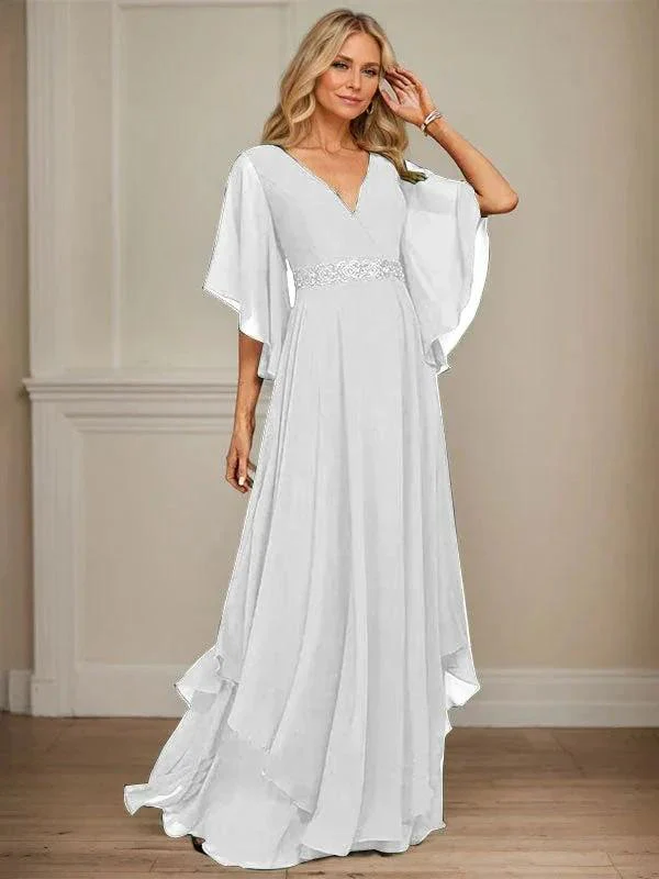 A-line V-Neck Floor-Length Chiffon Mother of the Bride Dress With Sequins Appliques Lace Beading - Image 46