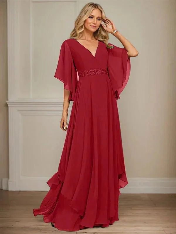 A-line V-Neck Floor-Length Chiffon Mother of the Bride Dress With Sequins Appliques Lace Beading - Image 47