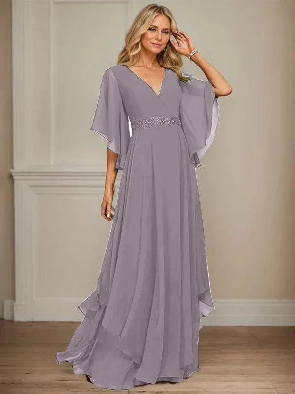 A-line V-Neck Floor-Length Chiffon Mother of the Bride Dress With Sequins Appliques Lace Beading - Image 48