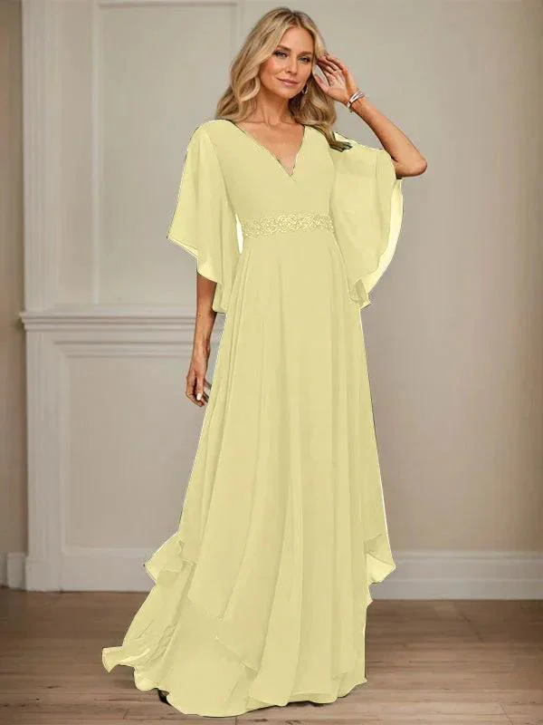 A-line V-Neck Floor-Length Chiffon Mother of the Bride Dress With Sequins Appliques Lace Beading - Image 49