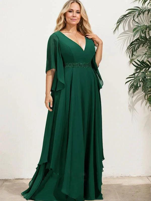 A-line V-Neck Floor-Length Chiffon Mother of the Bride Dress With Sequins Appliques Lace Beading - Image 9