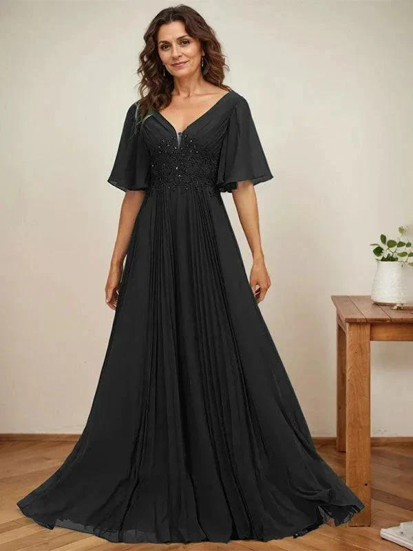 A-line V-Neck Floor-Length Chiffon Mother of the Bride Dress With Sequins Appliques Lace Pleated - Image 10