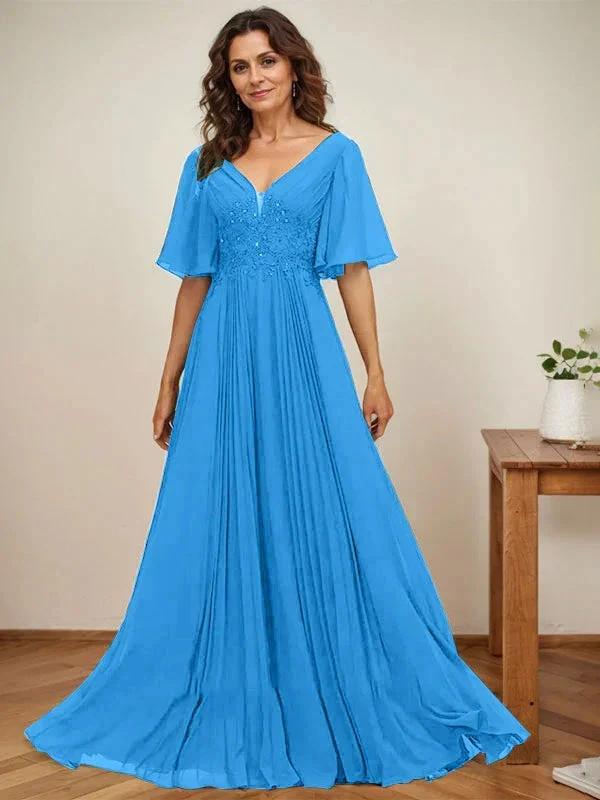 A-line V-Neck Floor-Length Chiffon Mother of the Bride Dress With Sequins Appliques Lace Pleated - Image 11