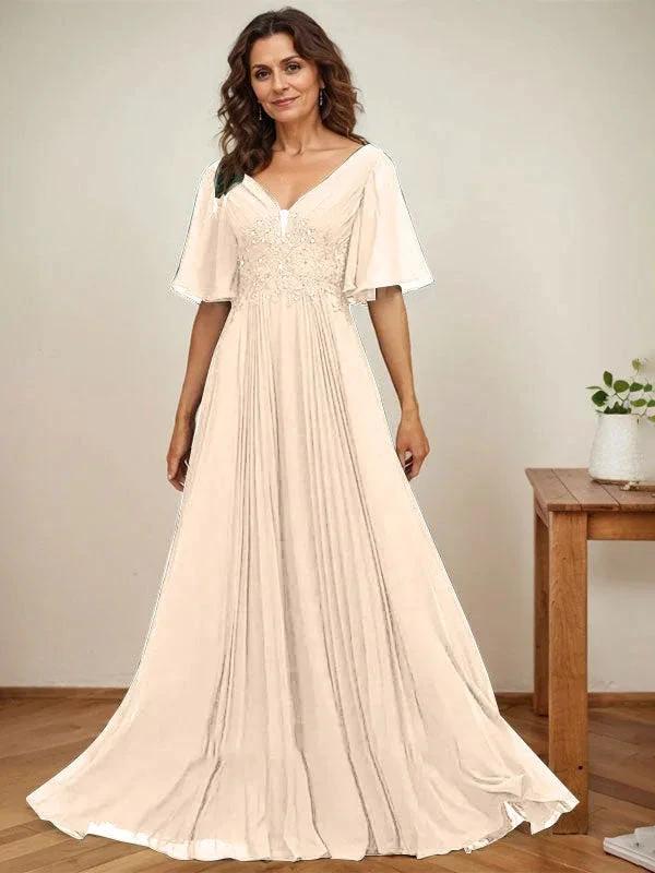 A-line V-Neck Floor-Length Chiffon Mother of the Bride Dress With Sequins Appliques Lace Pleated - Image 12