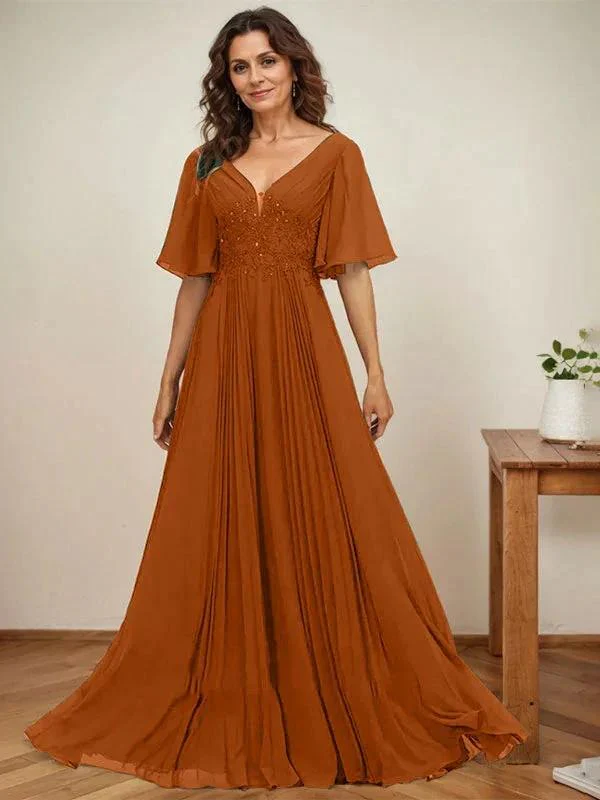 A-line V-Neck Floor-Length Chiffon Mother of the Bride Dress With Sequins Appliques Lace Pleated - Image 13