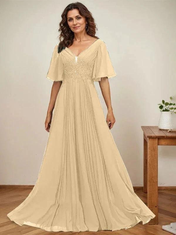 A-line V-Neck Floor-Length Chiffon Mother of the Bride Dress With Sequins Appliques Lace Pleated - Image 14