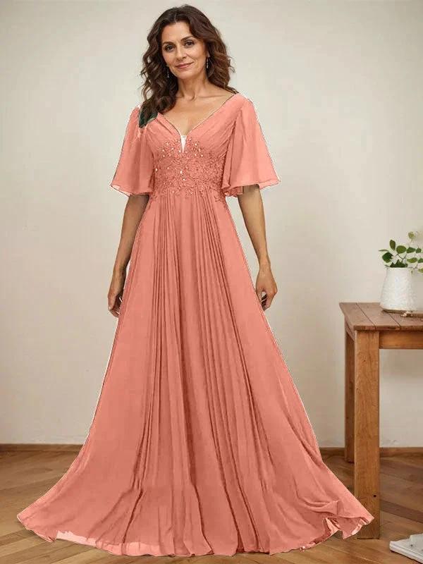 A-line V-Neck Floor-Length Chiffon Mother of the Bride Dress With Sequins Appliques Lace Pleated - Image 15