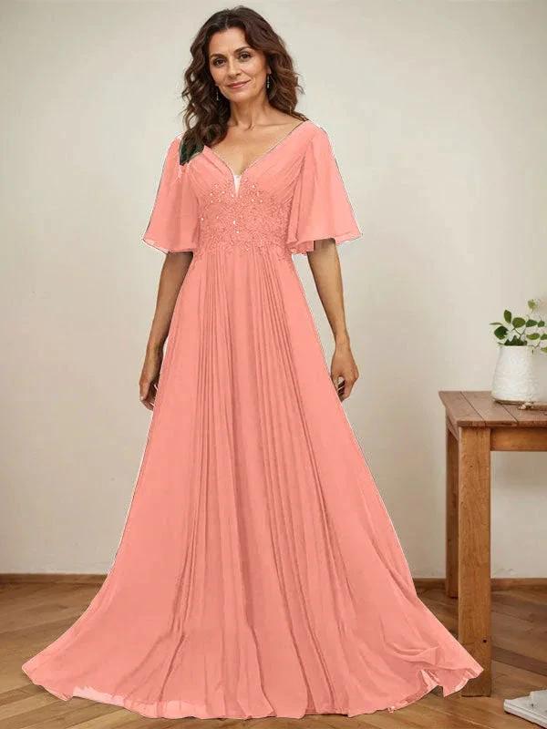 A-line V-Neck Floor-Length Chiffon Mother of the Bride Dress With Sequins Appliques Lace Pleated - Image 16