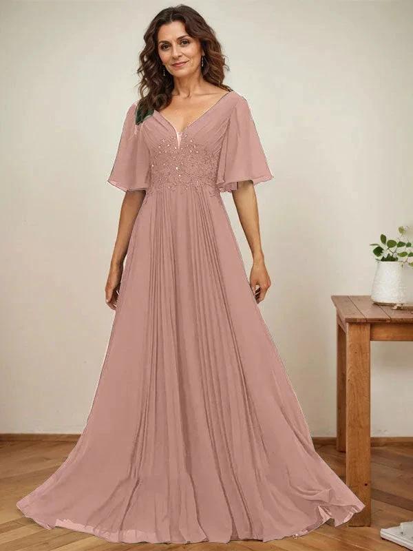A-line V-Neck Floor-Length Chiffon Mother of the Bride Dress With Sequins Appliques Lace Pleated - Image 17