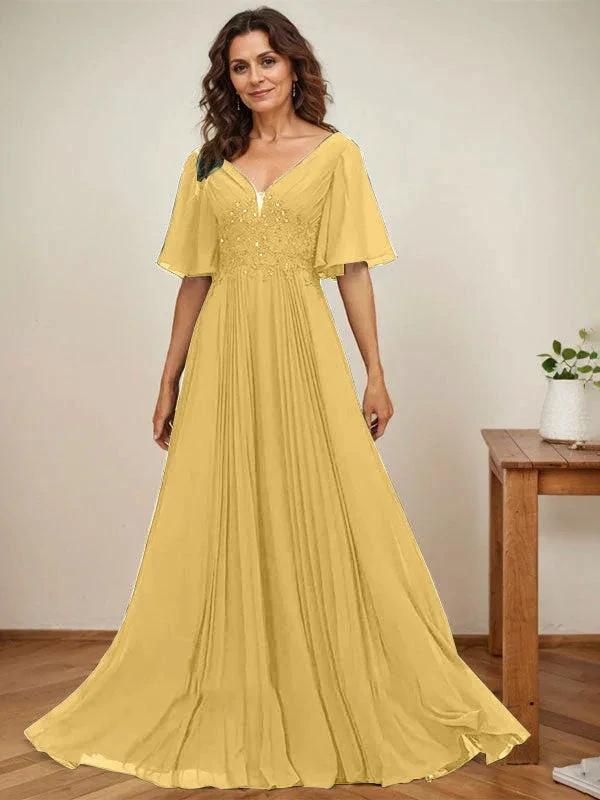 A-line V-Neck Floor-Length Chiffon Mother of the Bride Dress With Sequins Appliques Lace Pleated - Image 19