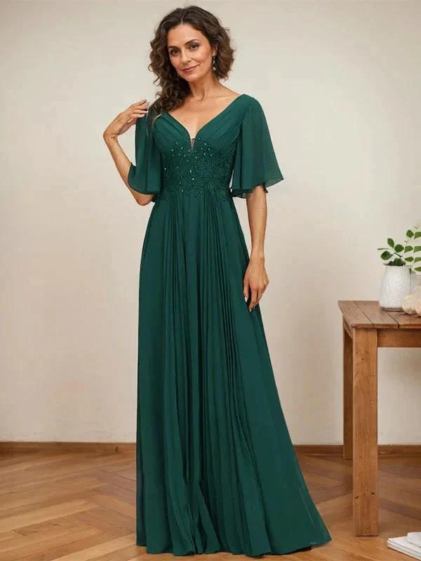 A-line V-Neck Floor-Length Chiffon Mother of the Bride Dress With Sequins Appliques Lace Pleated - Image 2