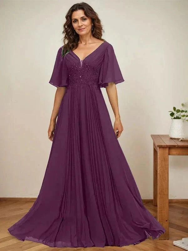 A-line V-Neck Floor-Length Chiffon Mother of the Bride Dress With Sequins Appliques Lace Pleated - Image 20