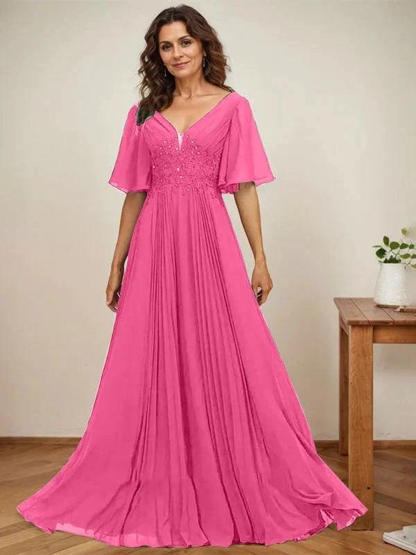 A-line V-Neck Floor-Length Chiffon Mother of the Bride Dress With Sequins Appliques Lace Pleated - Image 21