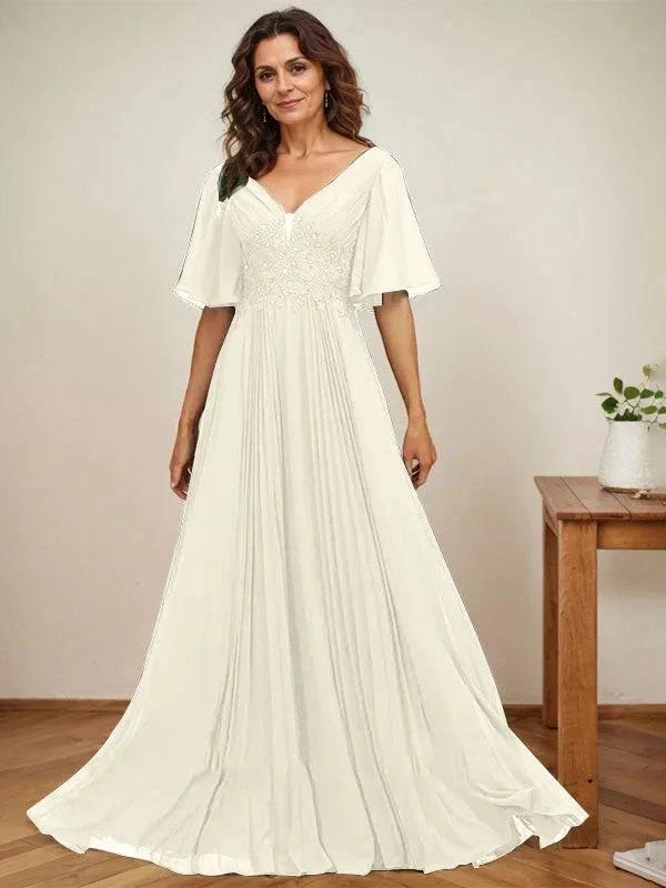 A-line V-Neck Floor-Length Chiffon Mother of the Bride Dress With Sequins Appliques Lace Pleated - Image 22