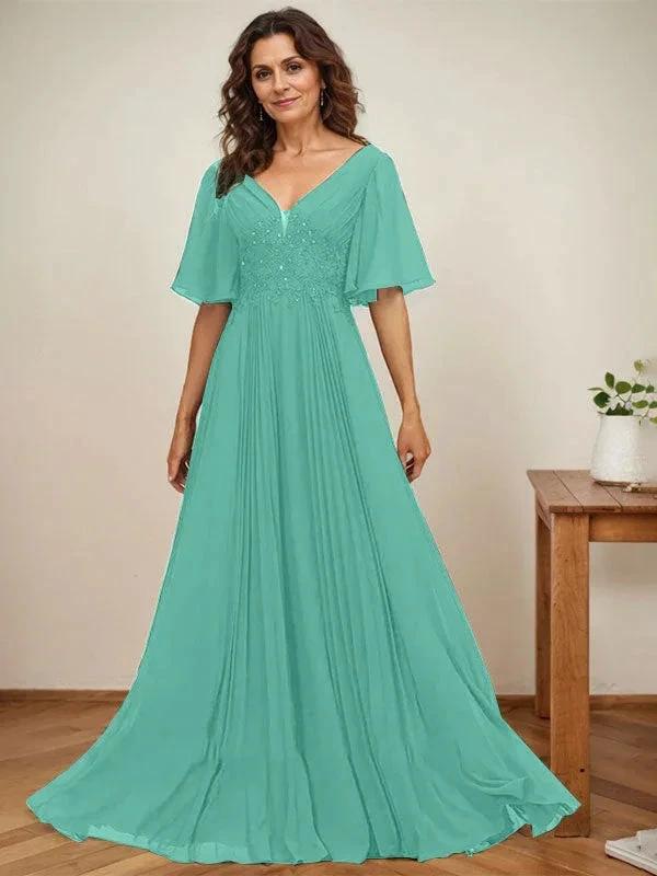 A-line V-Neck Floor-Length Chiffon Mother of the Bride Dress With Sequins Appliques Lace Pleated - Image 23
