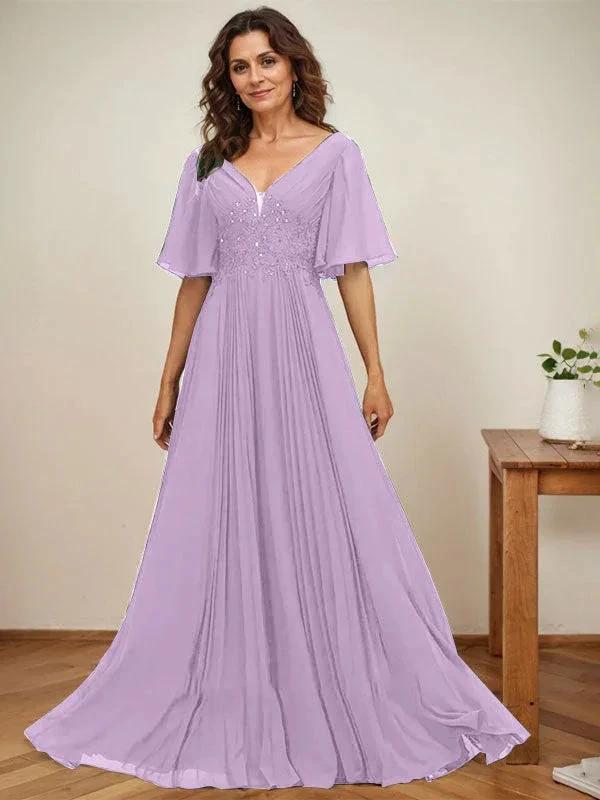 A-line V-Neck Floor-Length Chiffon Mother of the Bride Dress With Sequins Appliques Lace Pleated - Image 24