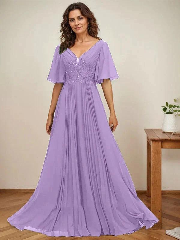 A-line V-Neck Floor-Length Chiffon Mother of the Bride Dress With Sequins Appliques Lace Pleated - Image 25