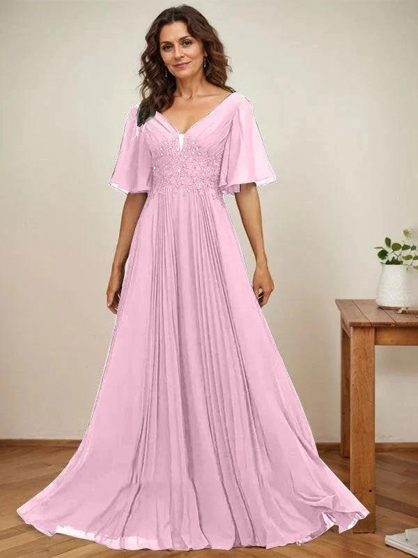 A-line V-Neck Floor-Length Chiffon Mother of the Bride Dress With Sequins Appliques Lace Pleated - Image 26