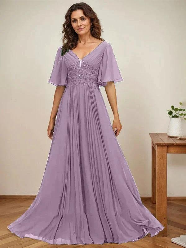 A-line V-Neck Floor-Length Chiffon Mother of the Bride Dress With Sequins Appliques Lace Pleated - Image 27
