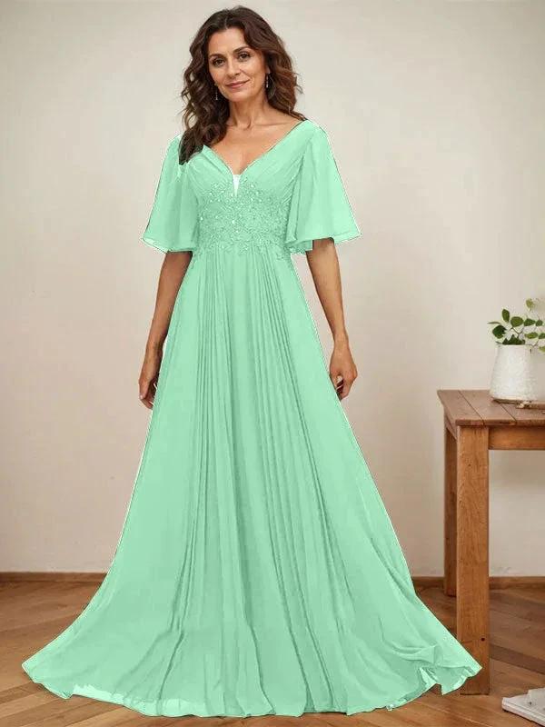 A-line V-Neck Floor-Length Chiffon Mother of the Bride Dress With Sequins Appliques Lace Pleated - Image 28