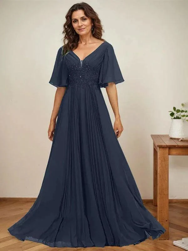 A-line V-Neck Floor-Length Chiffon Mother of the Bride Dress With Sequins Appliques Lace Pleated - Image 29