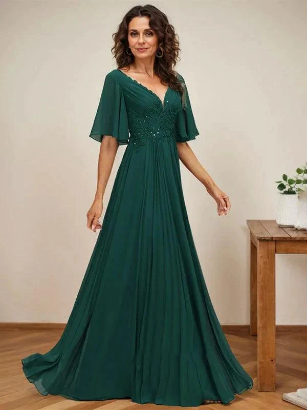 A-line V-Neck Floor-Length Chiffon Mother of the Bride Dress With Sequins Appliques Lace Pleated - Image 3