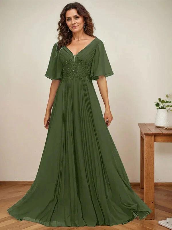 A-line V-Neck Floor-Length Chiffon Mother of the Bride Dress With Sequins Appliques Lace Pleated - Image 30