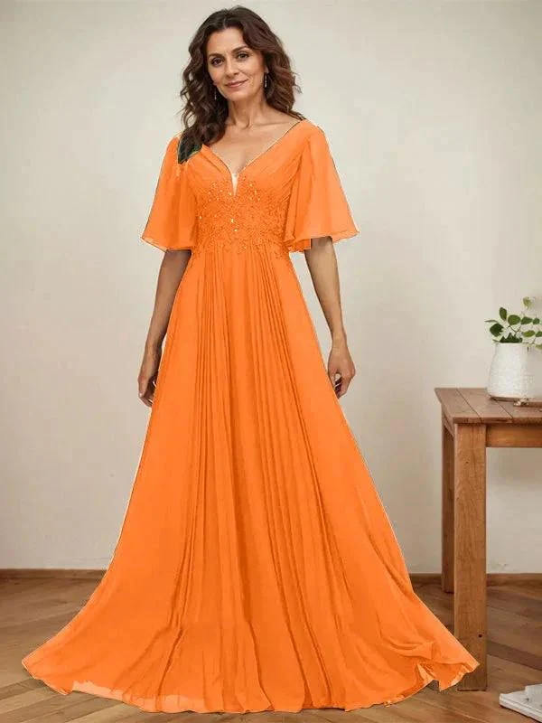 A-line V-Neck Floor-Length Chiffon Mother of the Bride Dress With Sequins Appliques Lace Pleated - Image 31