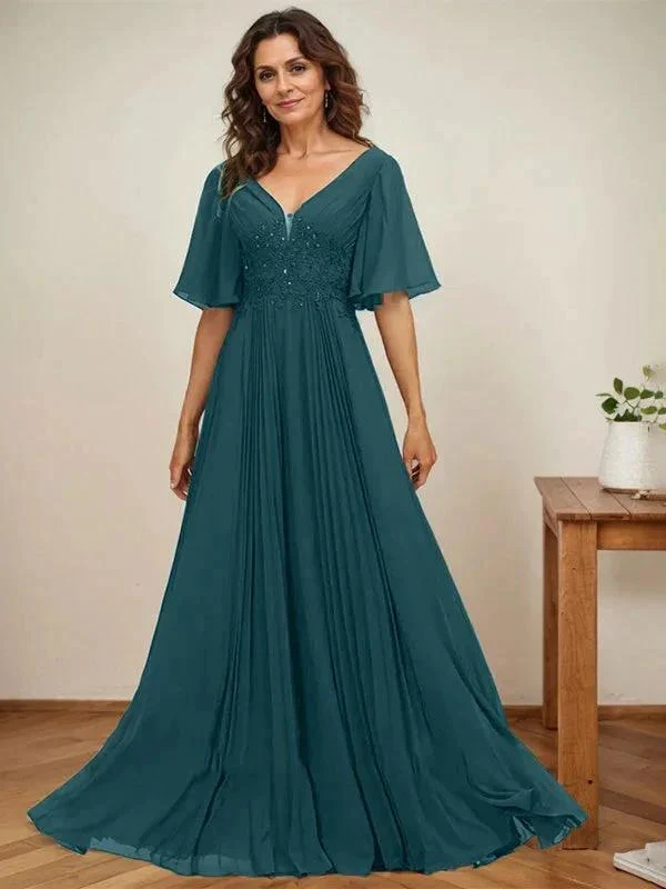 A-line V-Neck Floor-Length Chiffon Mother of the Bride Dress With Sequins Appliques Lace Pleated - Image 32