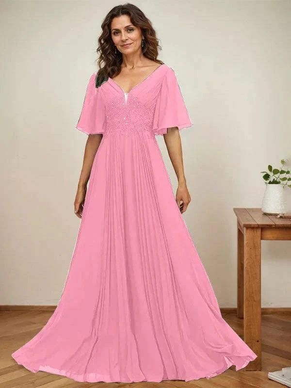 A-line V-Neck Floor-Length Chiffon Mother of the Bride Dress With Sequins Appliques Lace Pleated - Image 33