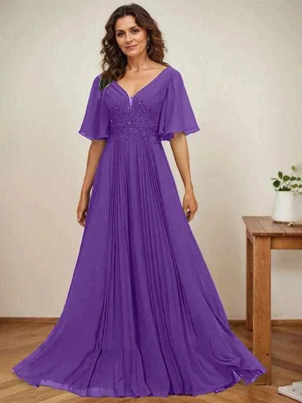 A-line V-Neck Floor-Length Chiffon Mother of the Bride Dress With Sequins Appliques Lace Pleated - Image 34
