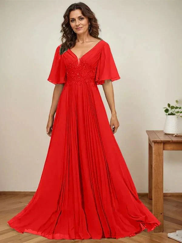A-line V-Neck Floor-Length Chiffon Mother of the Bride Dress With Sequins Appliques Lace Pleated - Image 35