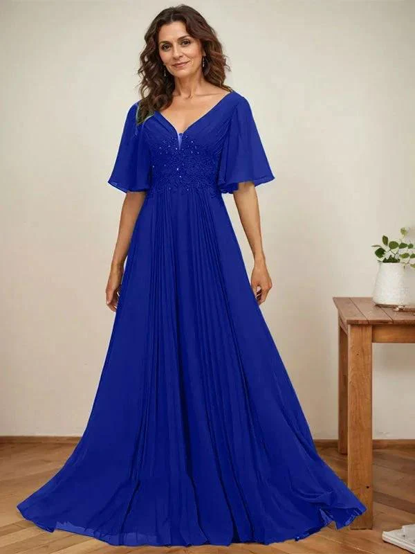 A-line V-Neck Floor-Length Chiffon Mother of the Bride Dress With Sequins Appliques Lace Pleated - Image 36