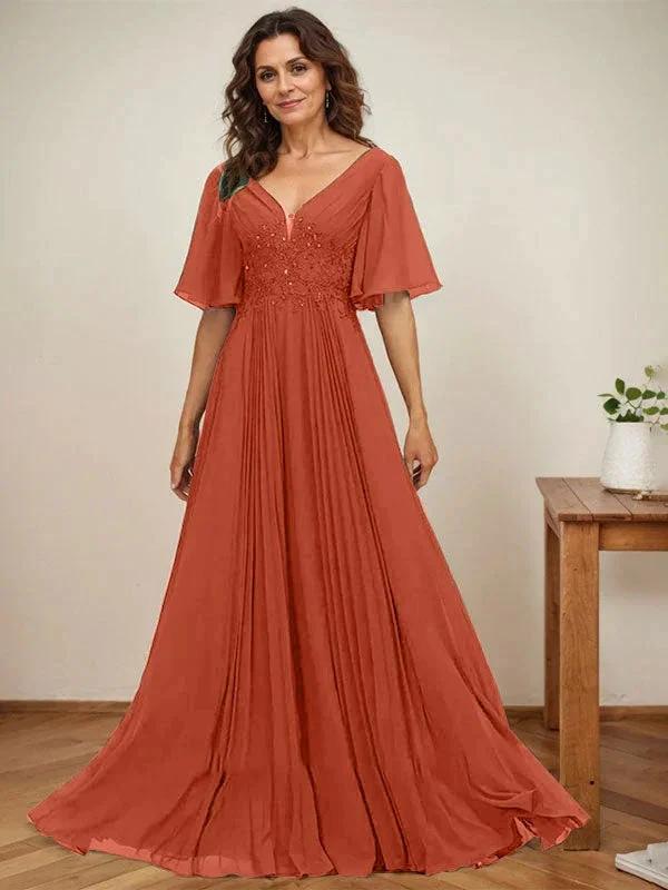 A-line V-Neck Floor-Length Chiffon Mother of the Bride Dress With Sequins Appliques Lace Pleated - Image 37