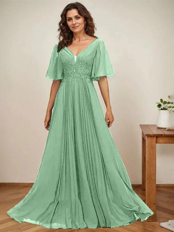 A-line V-Neck Floor-Length Chiffon Mother of the Bride Dress With Sequins Appliques Lace Pleated - Image 38