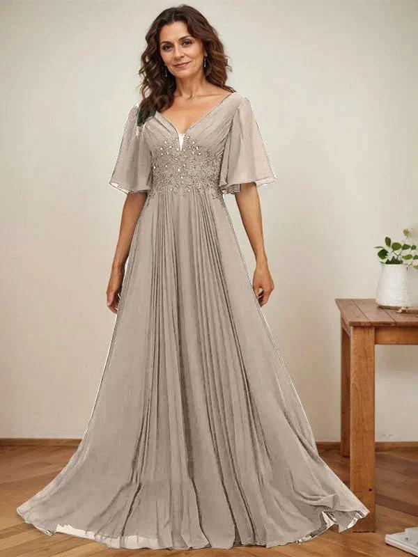 A-line V-Neck Floor-Length Chiffon Mother of the Bride Dress With Sequins Appliques Lace Pleated - Image 39