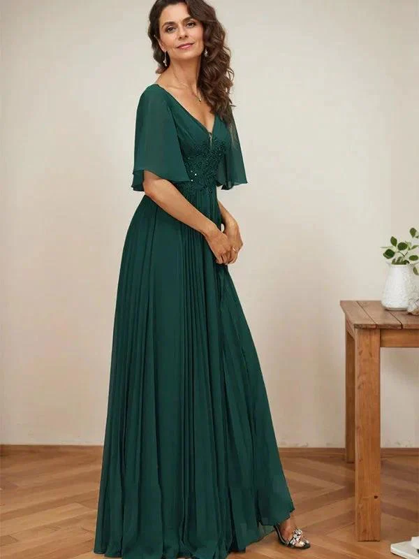 A-line V-Neck Floor-Length Chiffon Mother of the Bride Dress With Sequins Appliques Lace Pleated - Image 4