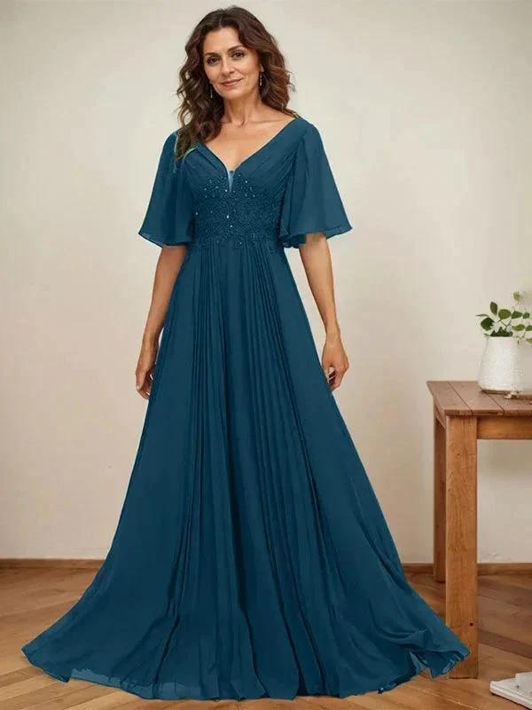 A-line V-Neck Floor-Length Chiffon Mother of the Bride Dress With Sequins Appliques Lace Pleated - Image 40