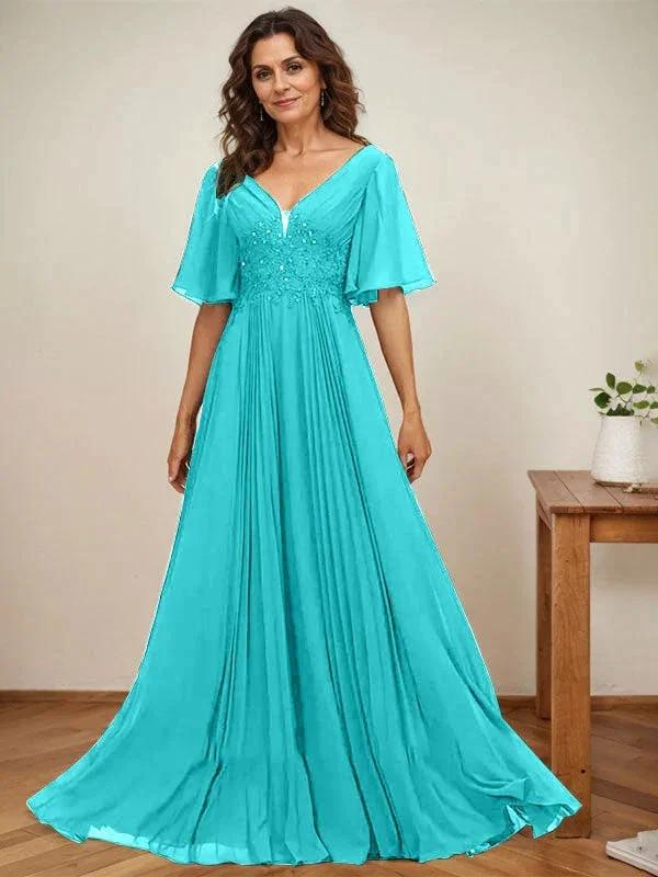 A-line V-Neck Floor-Length Chiffon Mother of the Bride Dress With Sequins Appliques Lace Pleated - Image 41