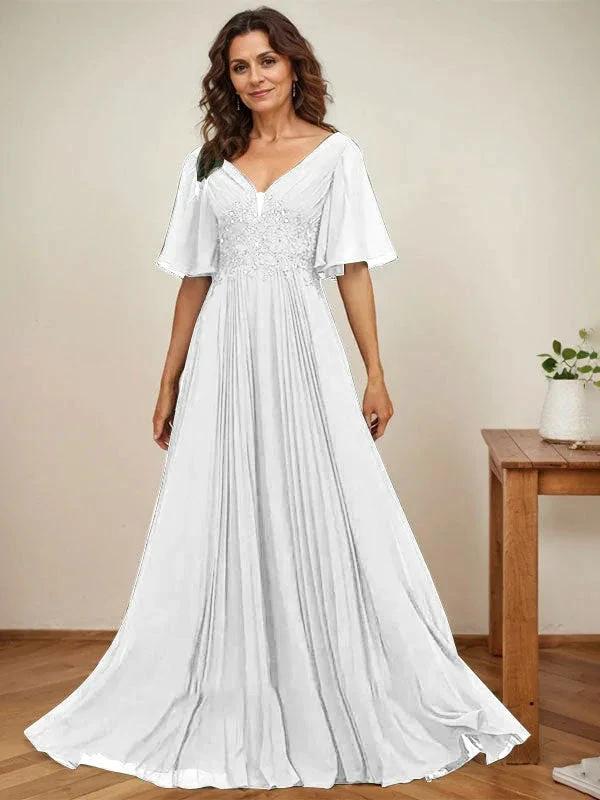 A-line V-Neck Floor-Length Chiffon Mother of the Bride Dress With Sequins Appliques Lace Pleated - Image 42