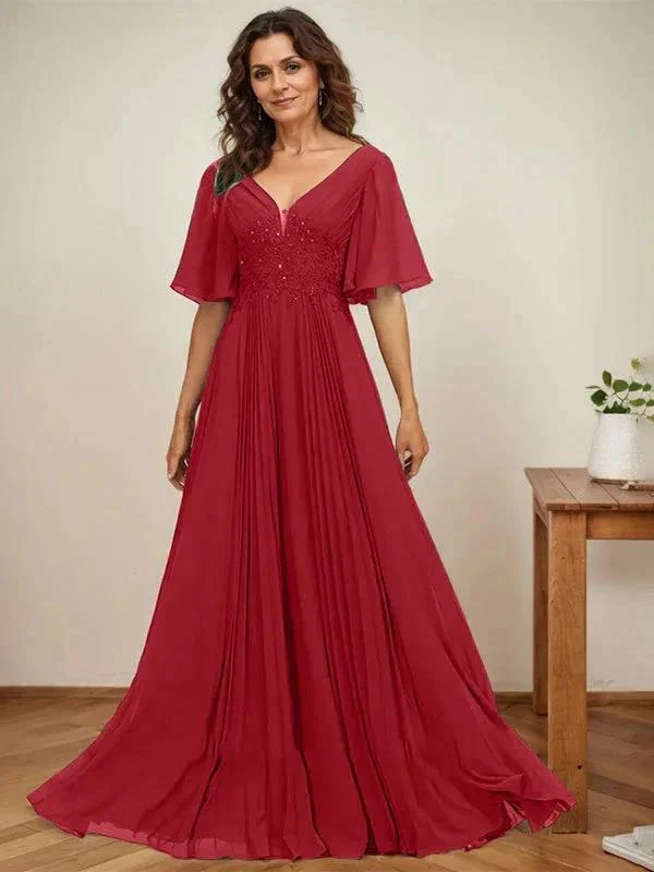 A-line V-Neck Floor-Length Chiffon Mother of the Bride Dress With Sequins Appliques Lace Pleated - Image 43