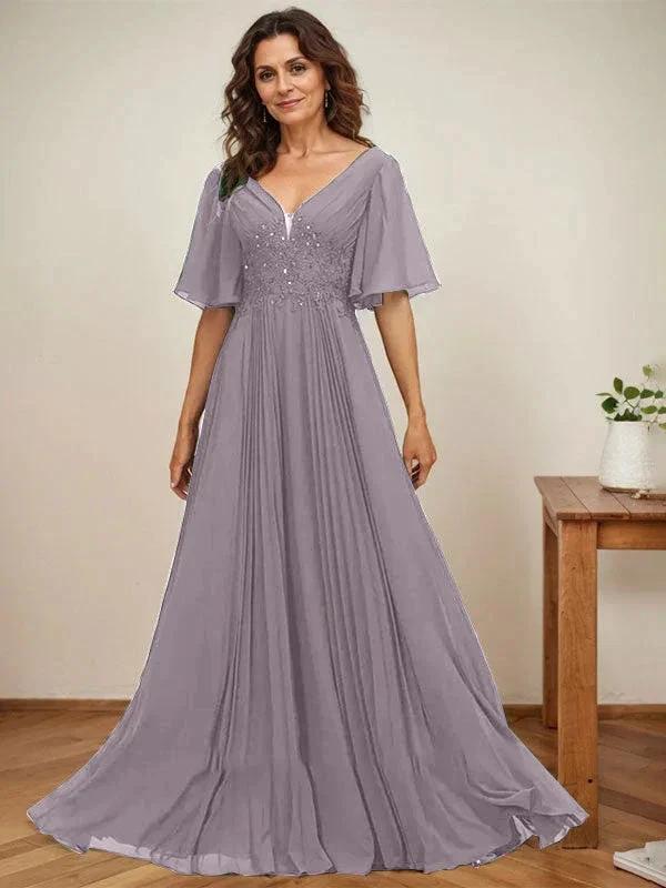 A-line V-Neck Floor-Length Chiffon Mother of the Bride Dress With Sequins Appliques Lace Pleated - Image 44