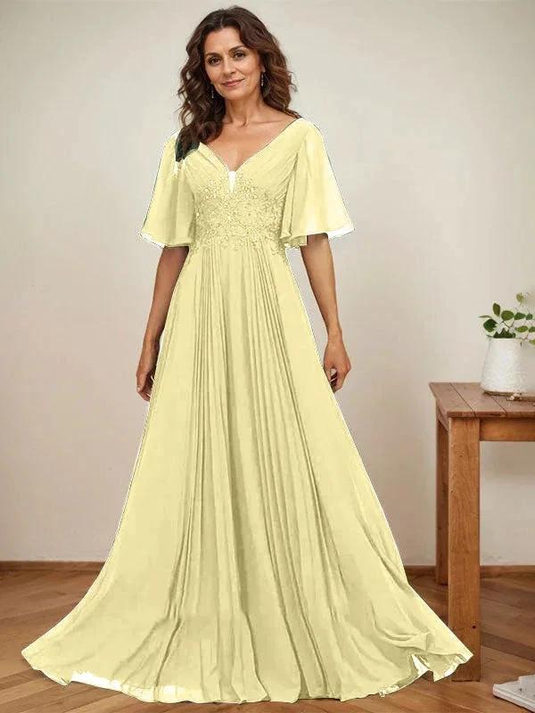 A-line V-Neck Floor-Length Chiffon Mother of the Bride Dress With Sequins Appliques Lace Pleated - Image 45