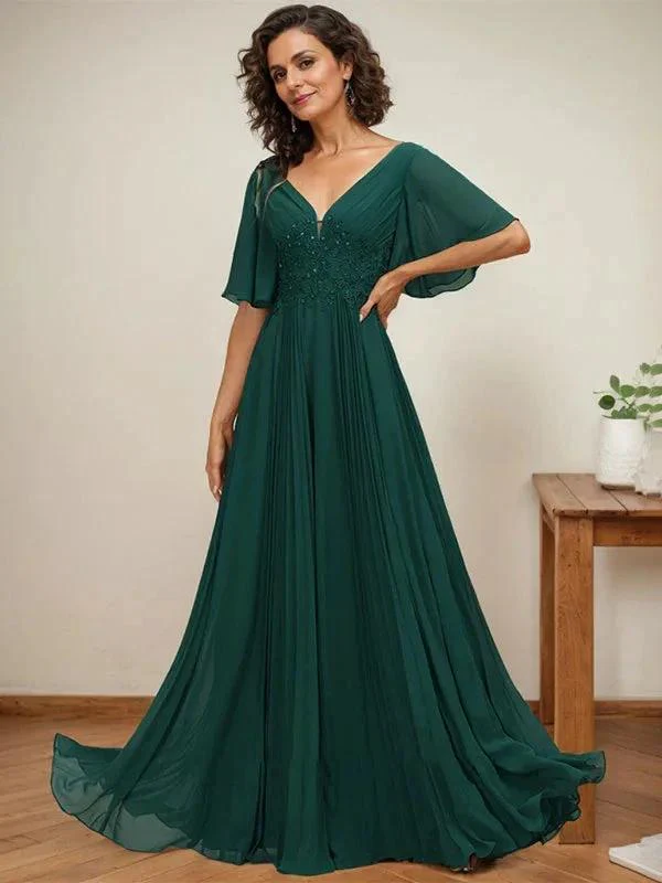 A-line V-Neck Floor-Length Chiffon Mother of the Bride Dress With Sequins Appliques Lace Pleated - Image 5