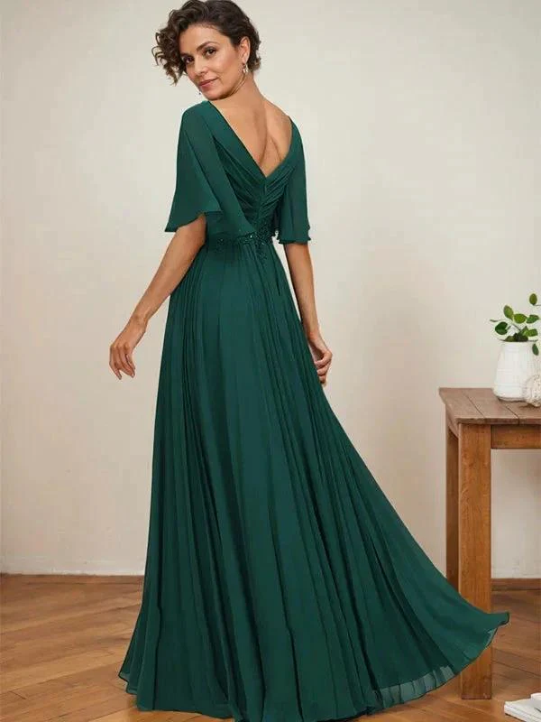 A-line V-Neck Floor-Length Chiffon Mother of the Bride Dress With Sequins Appliques Lace Pleated - Image 6