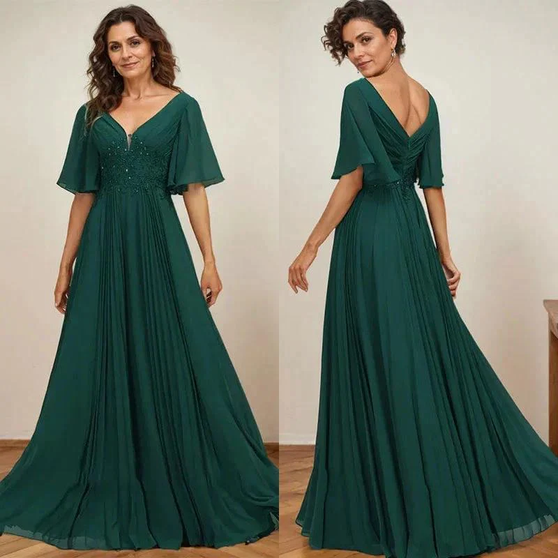 A-line V-Neck Floor-Length Chiffon Mother of the Bride Dress With Sequins Appliques Lace Pleated - Image 8