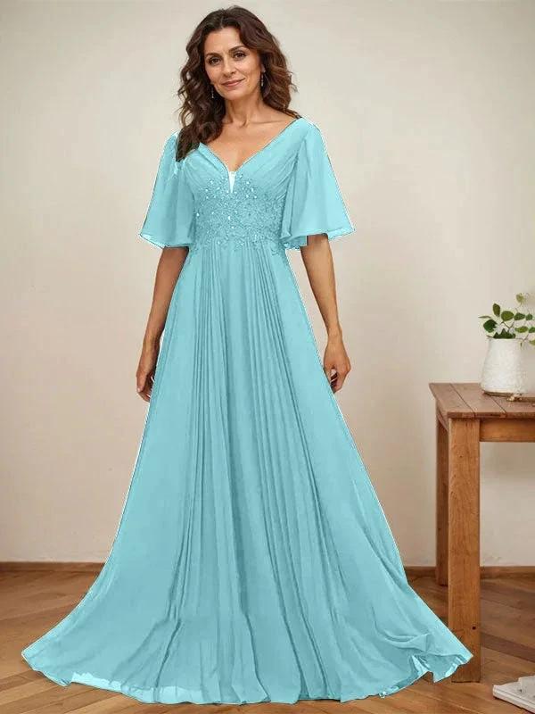 A-line V-Neck Floor-Length Chiffon Mother of the Bride Dress With Sequins Appliques Lace Pleated - Image 9