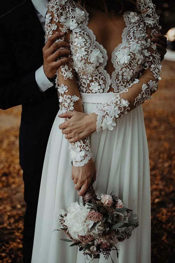 A-Line V-Neck Floor Length Chiffon Wedding Dress with Appliques Flowers  WD340 - Image 2