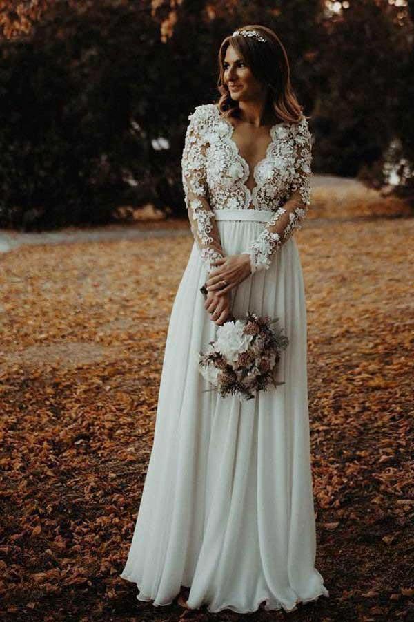 A-Line V-Neck Floor Length Chiffon Wedding Dress with Appliques Flowers  WD340 - Image 3